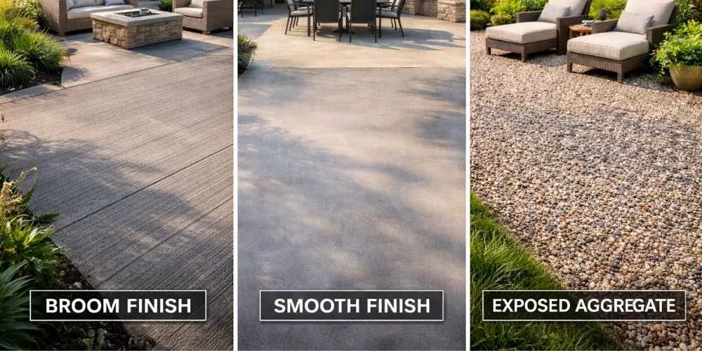 A2Z Creteworks Concrete Finishes Comparison: Light Broomed, Smooth Power Trowel, and Exposed Aggregate