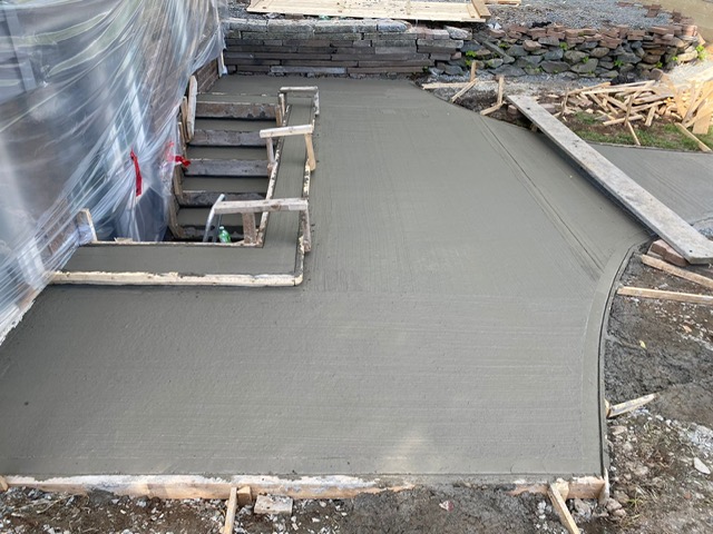 Large broom-finish concrete patio pour by A2Z Creteworks, Nova Scotia